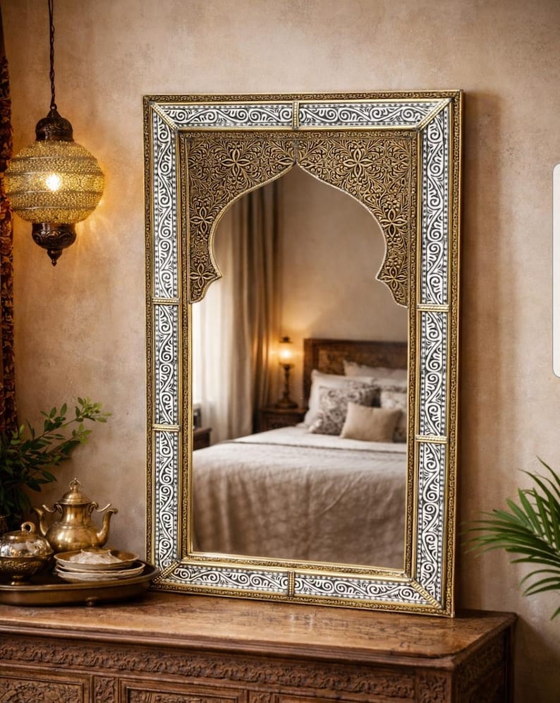 Handmade Moroccan Arch Mirror – Engraved Brass Frame, Elegant Wall Decor image 2