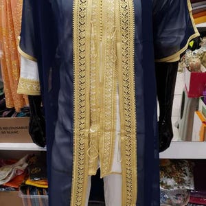 Completo Jabador marocchino a 3 pezzi – Abito tradizionale da uomo per matrimoni ed Eid – Mlifa, Chiffon Navy blue with gold