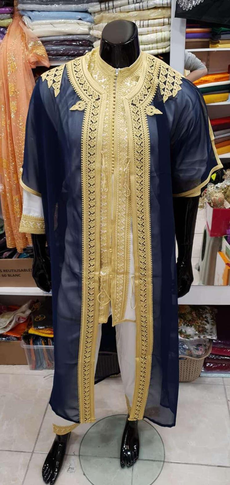 Completo Jabador marocchino a 3 pezzi – Abito tradizionale da uomo per matrimoni ed Eid – Mlifa, Chiffon Navy blue with gold
