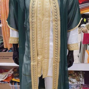 Completo Jabador marocchino a 3 pezzi – Abito tradizionale da uomo per matrimoni ed Eid – Mlifa, Chiffon Green with Gold