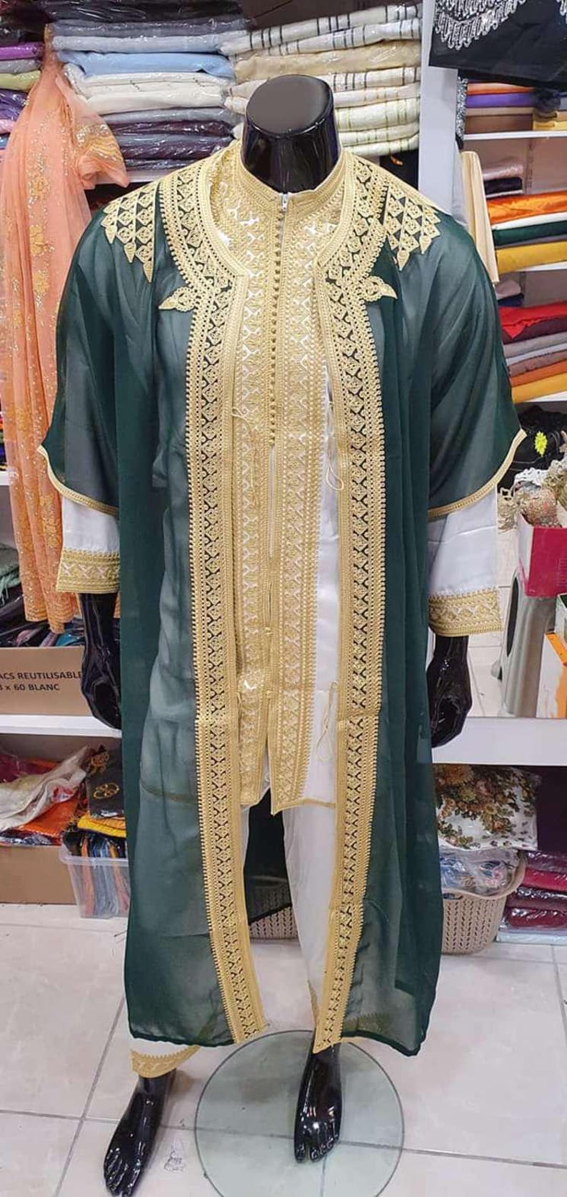 Completo Jabador marocchino a 3 pezzi – Abito tradizionale da uomo per matrimoni ed Eid – Mlifa, Chiffon Green with Gold
