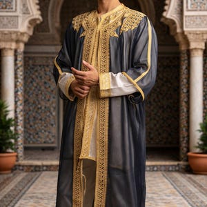 Handgefertigtes marokkanisches Jabador Set 3-teilig – Traditionelles Herren Hochzeits-, Eid Outfit blue navy with Gold