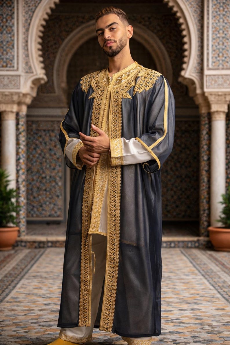 Handgefertigtes marokkanisches Jabador Set 3-teilig – Traditionelles Herren Hochzeits-, Eid Outfit blue navy with Gold