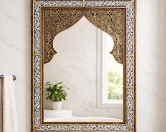 Handmade Moroccan Arched Brass Wall Mirror – Moorish Boho Vintage Home Decor