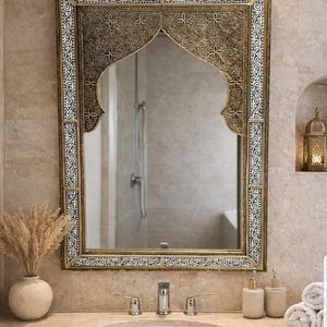 Handmade Moroccan Arch Mirror – Engraved Brass Frame, Elegant Wall Decor image 3