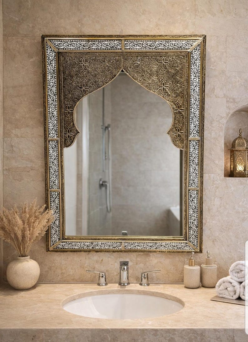 Handmade Moroccan Arch Mirror – Engraved Brass Frame, Elegant Wall Decor image 3