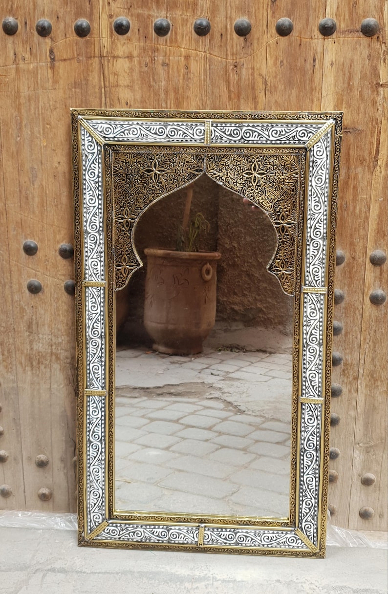 Handmade Moroccan Arch Mirror – Engraved Brass Frame, Elegant Wall Decor image 1