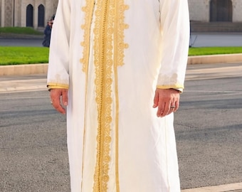 Men's White Moroccan Djellaba 3-Piece Set – Gold Embroidery, Hooded Cap, Wedding Outfit