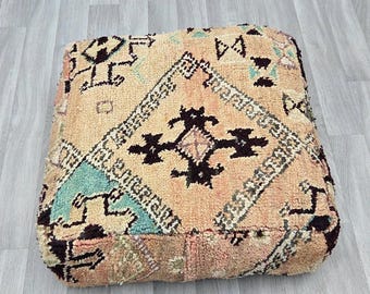 Handmade Wool Kilim Pouf, Square Moroccan Ottoman, Beni Ourain Design