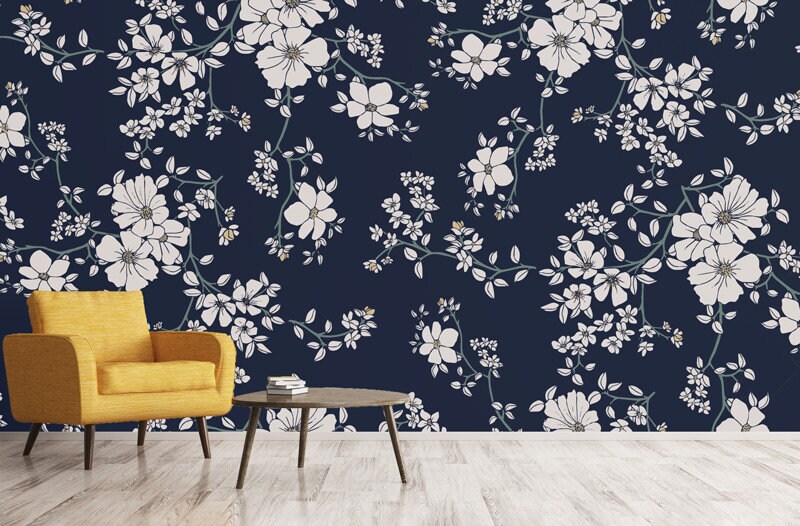 Papier Peint Toile Japan Flower Auto-Adhésif, Fleurs Japonaises Blanches