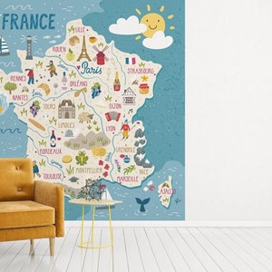 Papier peint  French Map auto-adhésif, papier peint textile, papier peint carte facile à poser, mural