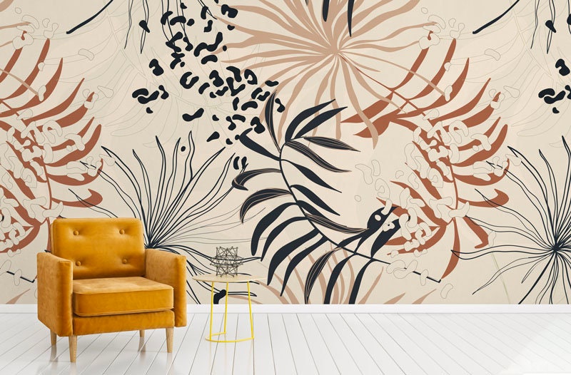 Papier Peint Textile Havane Auto-Adhésif, Feuilles Tropicales Marron