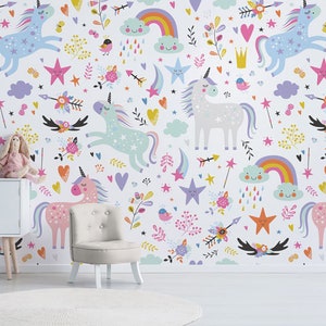 Carta da parati Unicorn Dream auto-stick, carta da parati tessile, carta da parati per bambini facile da posare, parete