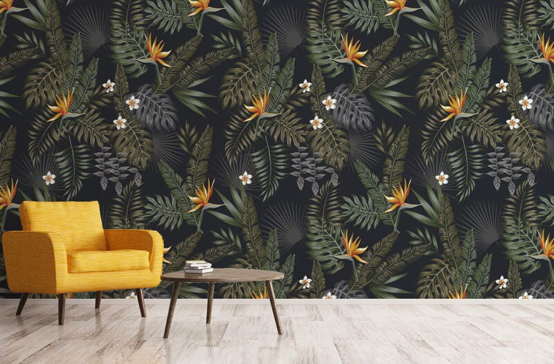 Papier Peint Textile Feuillage Auto-Adhésif, Feuilles et Fleurs Tropicales