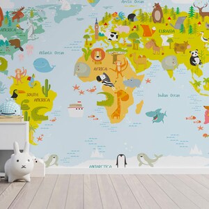 Papier peint  Kids Map auto-adhésif, papier peint textile, papier peint carte enfant facile à poser, mural