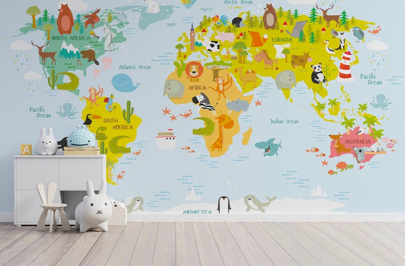 Papier Peint Kids Map Auto-Adhésif, Papier Textile, Carte Enfant Facile à Poser, Mural