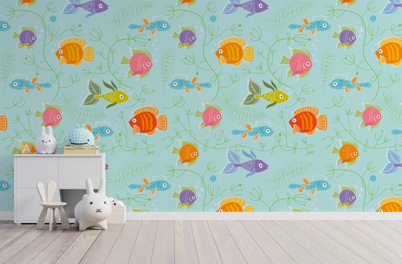 Papier Peint Color Fish Auto-Adhésif, Papier Textile, Enfant Facile à Poser, Mural