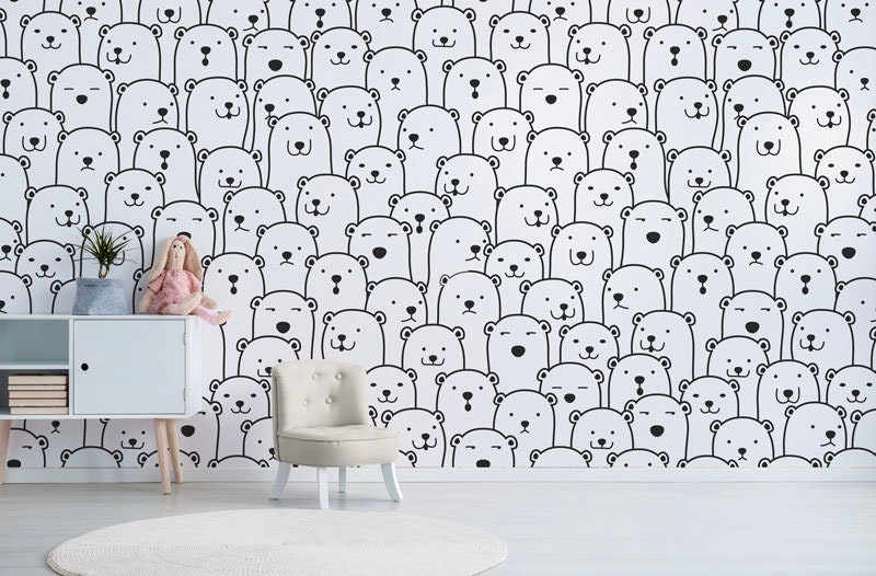 Papier Peint Textile Charlie Autocollant, Ours Noir et Blanc Enfant