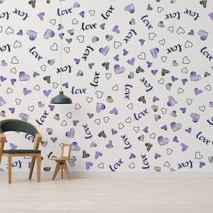 Papier peint toile Purple Love  auto-adhésif, enfant coeur violet