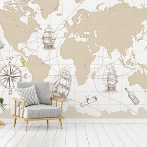 Papier peint  Vintage Map auto-adhésif, papier peint textile, papier peint carte facile à poser, mural
