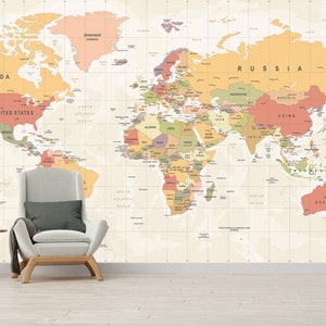 Papier peint toile Cook auto-adhésif, carte du monde jaune