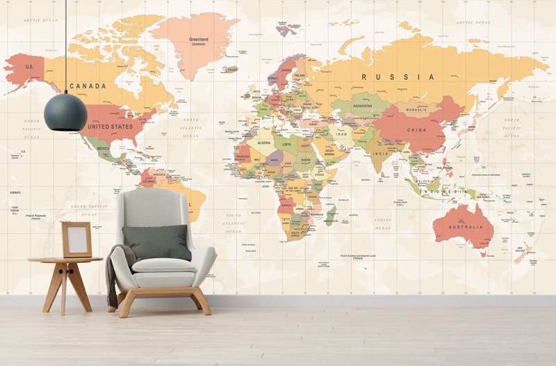 Papier Peint Toile Cook Auto-Adhésif, Carte Du Monde Jaune