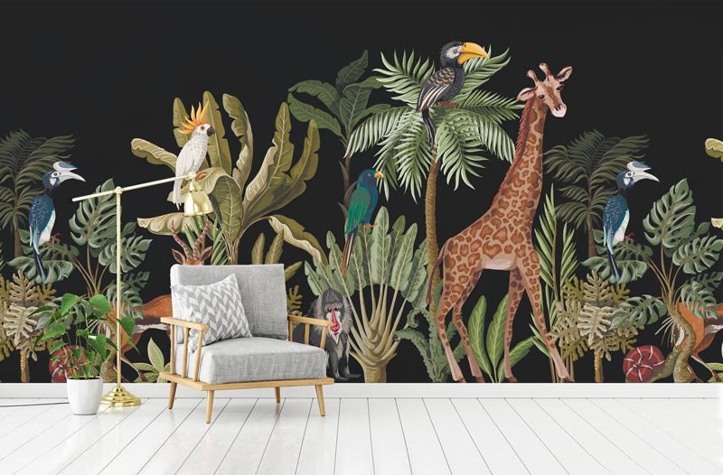 Papier Peint Intissé Madagascar Adhésif, Animaux et Arbres de La Jungle