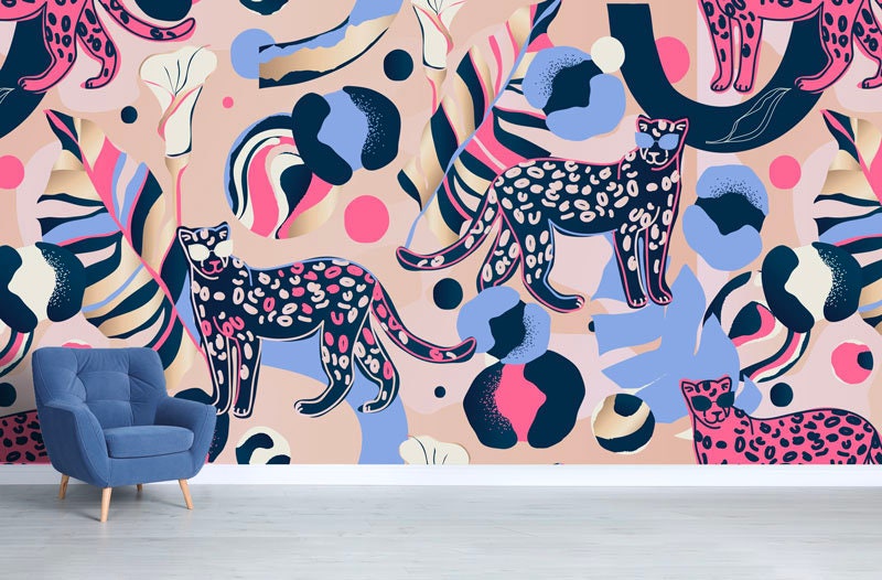 Papier Peint Textile Pink Leopard Auto-Adhésif, Léopard Coloré