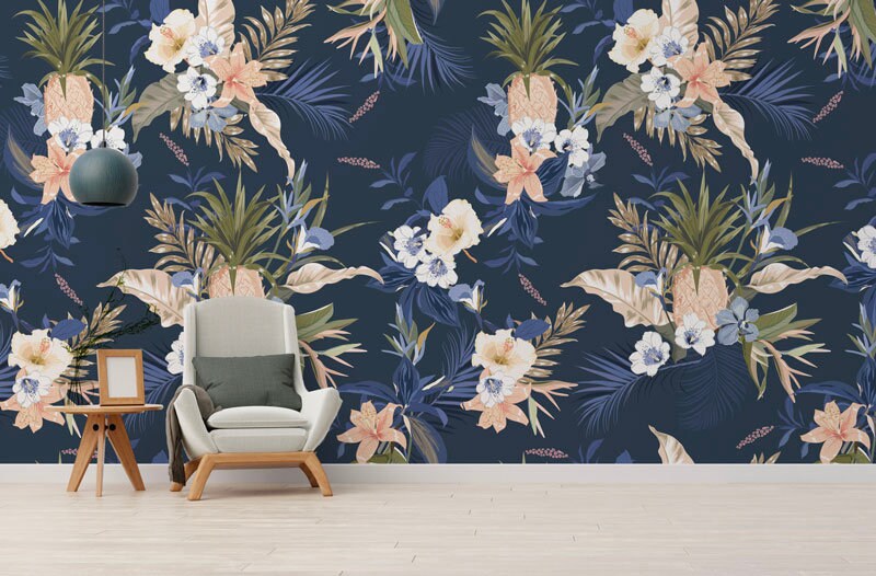 Papier Peint Intissé Blue Ananas Auto-Adhésif, Ananas et Fleurs Exotiques