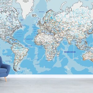 Papier peint  Atlas auto-adhésif, papier peint textile, papier peint carte facile à poser, mural