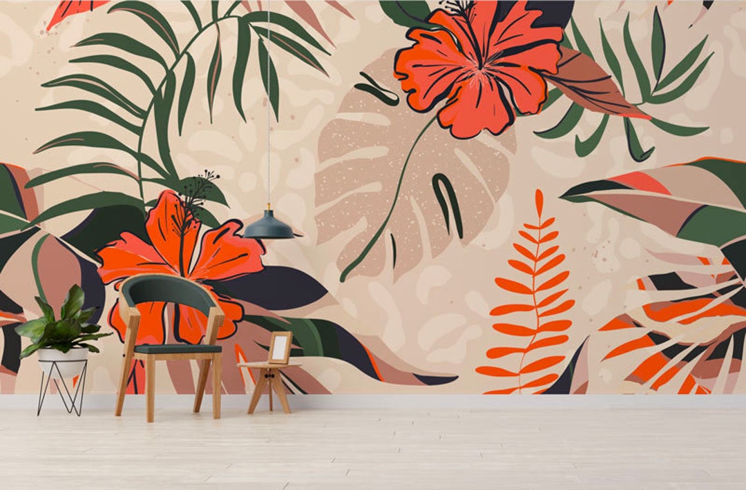 Self Stick Wallpaper Hibiscus Wallpaper Textile Wallpaper Etsy