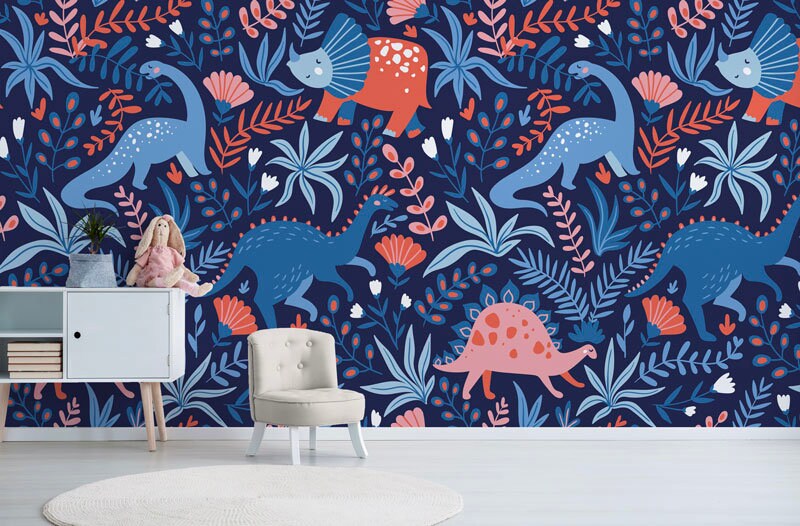 Papier Peint Herbivore Auto-Adhésif, Papier Textile, Enfant Facile à Poser, Murale, Peel & Stick Wal