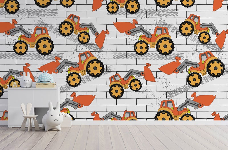Papier Peint Toile Tractopelle Auto-Adhésif, Construction Enfant, Chantier