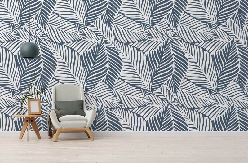 Papier Peint Intissé Pattern Palm Adhésif, Feuilles Bleues Abstraites