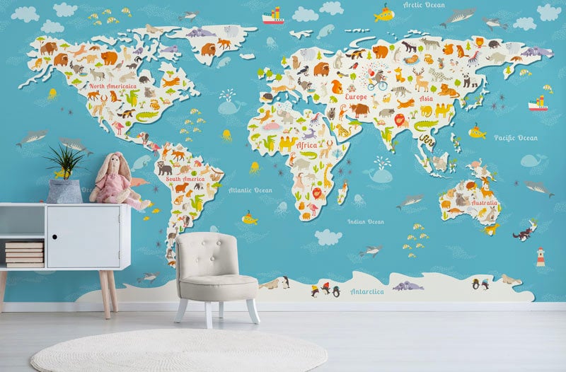 Papier Peint Faune Auto-Adhésif, Papier Textile, Carte Enfant Facile à Poser, Mural