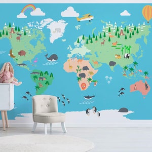 Papier peint  Wonder Map auto-adhésif, papier peint textile, papier peint carte enfant facile à poser, mural