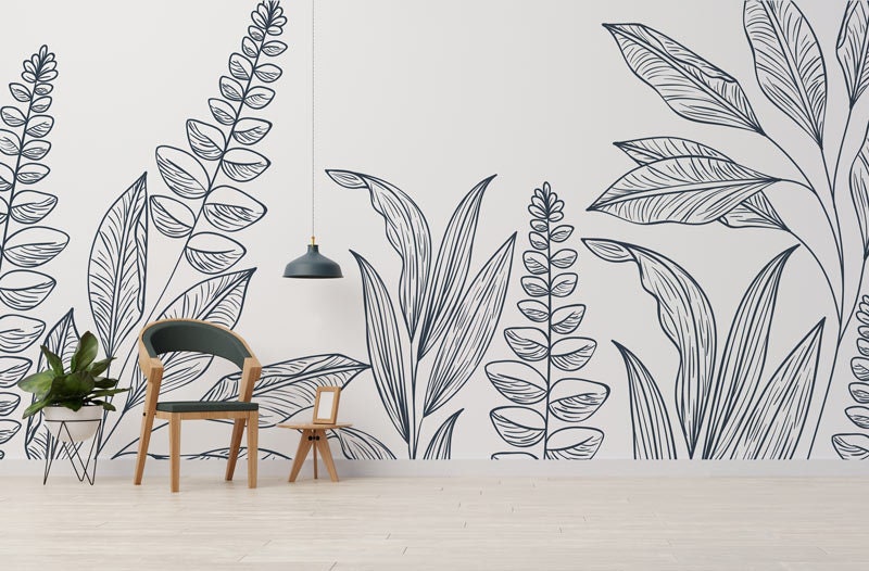 Papier Peint Intissé Draw Auto-Adhésif, Dessin Feuille Noire et Blanc