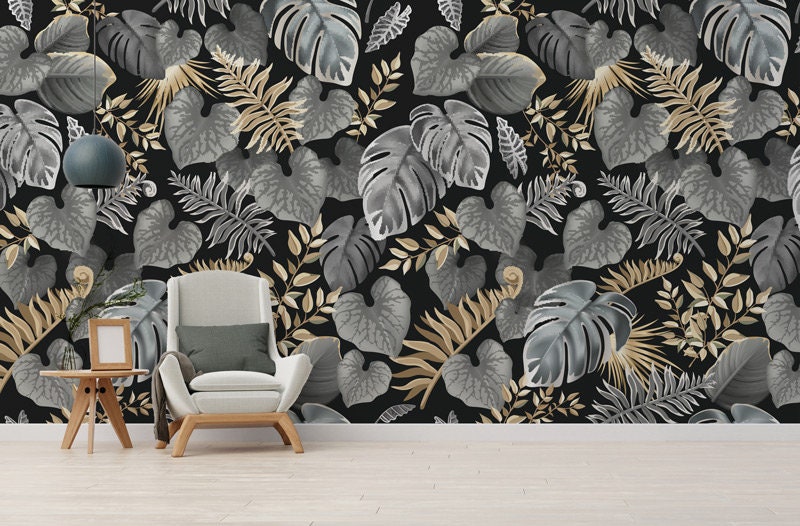Papier Peint Intissé Dark Gold Autocollant, Feuillage Doré