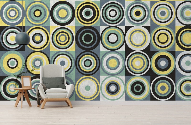 Papier Peint Textile Green Disk Auto Adhésif, Rond Couleurs Vert Jaune Noir