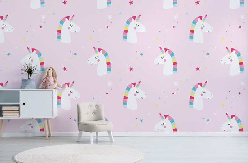 Papier Peint Tête de Licorne Auto-Adhésif, Papier Textile, Enfant Facile à Poser, Mural