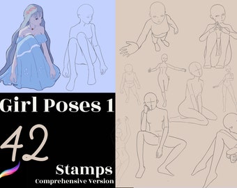 Procreate 42 Girl Poses Stamp, Figures, Procreate figure drawing stamps, Manga, Procreate Animate Girl, Body Drawing Procreate Commercial Use