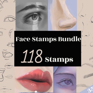 May include: A digital art bundle of 118 face stamps, including eyes, noses, lips, and eyebrows. The stamps are in various styles, from realistic to cartoonish. The bundle is available for 35% off.