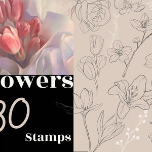 May include: A set of 30 flower stamps featuring a variety of floral designs, including lilies, tulips, and roses. The stamps are black and white line drawings on a beige background. The text "Flowers 30 Stamps" is displayed on a black background.