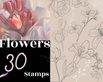 May include: A set of 30 flower stamps featuring a variety of floral designs, including lilies, tulips, and roses. The stamps are black and white line drawings on a beige background. The text "Flowers 30 Stamps" is displayed on a black background.