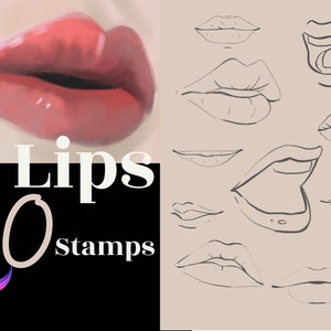 Pode incluir: Uma ilustração digital de 30 formas de lábios diferentes, com o texto "Lips 30 Stamps" no canto inferior esquerdo.