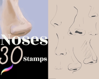 May include: A digital illustration of 30 different nose shapes, drawn in black and white on a light brown background. The text "Noses 30 stamps" is written in white on a black background.
