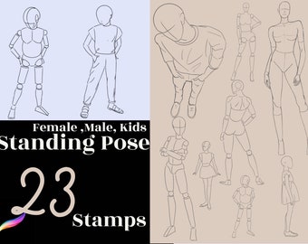 Znaczki Procreate Fashion Poses, Procreate Realistic Body Poses, figurki dla dzieci, znaczki do pozycji stojącej modelki do Procreate, do użytku komercyjnego