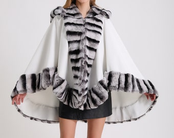 Cashmere cape with rabbit fur stripe,Winter women's poncho,Easy to use cape with real rabbit fur stripe,Standard size fits all