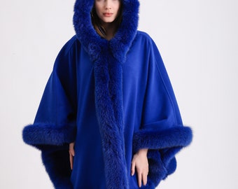 Cashmere cape with Navy blue fox fur trim, Winter women's poncho, Easy-to-wear cape with real fox fur trim, Standard size fits all