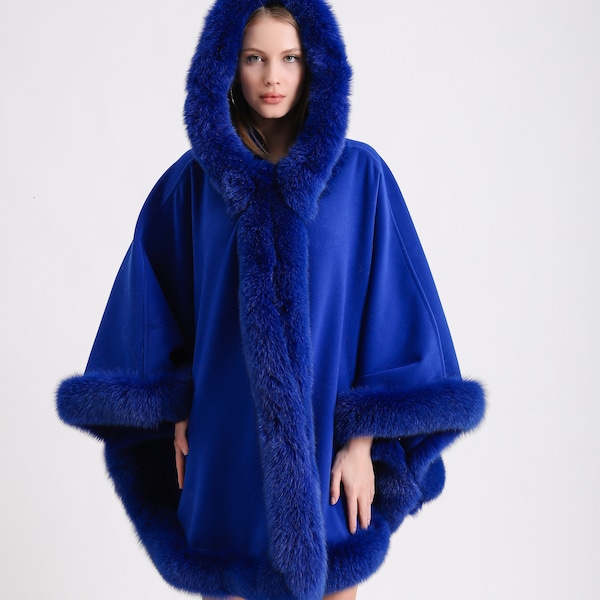 Cashmere cape with Navy blue fox fur trim, Winter women's poncho, Easy-to-wear cape with real fox fur trim, Standard size fits all